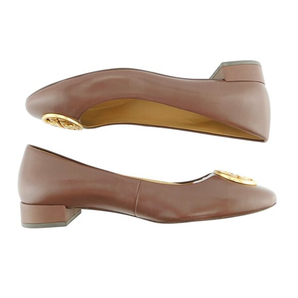 New TORY BURCH Logo Brown Leather 25mm Block Heel Ballet Flats 8 - Picture 3 of 5